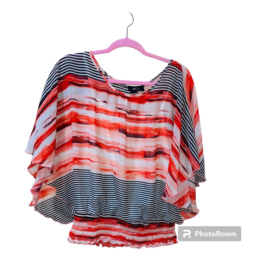 BCX juniors size  XL Blouse top red-orange black white stripe pattern